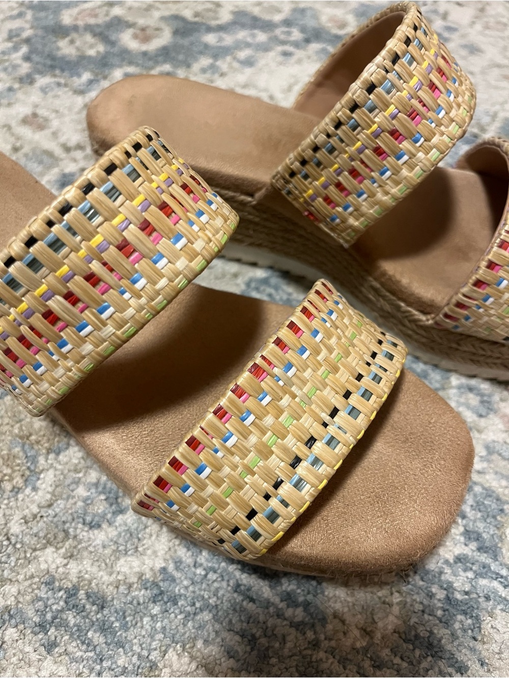 Woven Straw Double-Strap Slide Sandals in Natural